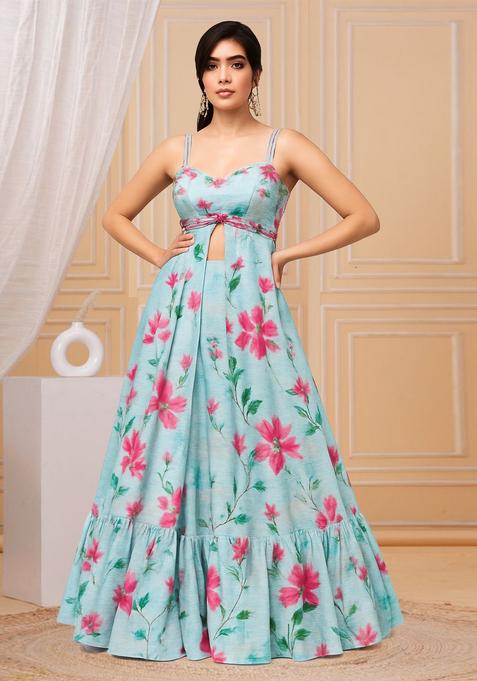 Light Blue Printed Georgette Lehenga Set
