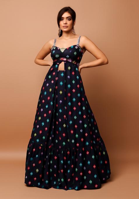 Black Printed Satin Lehenga Set