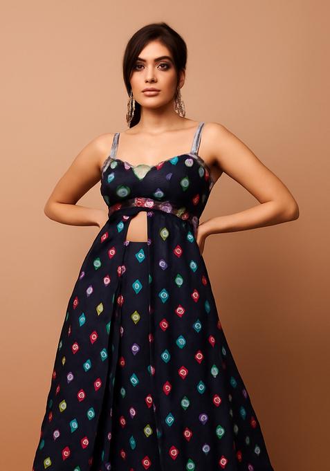 Black Printed Satin Lehenga Set