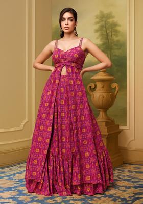 Pink Printed Satin Lehenga Set