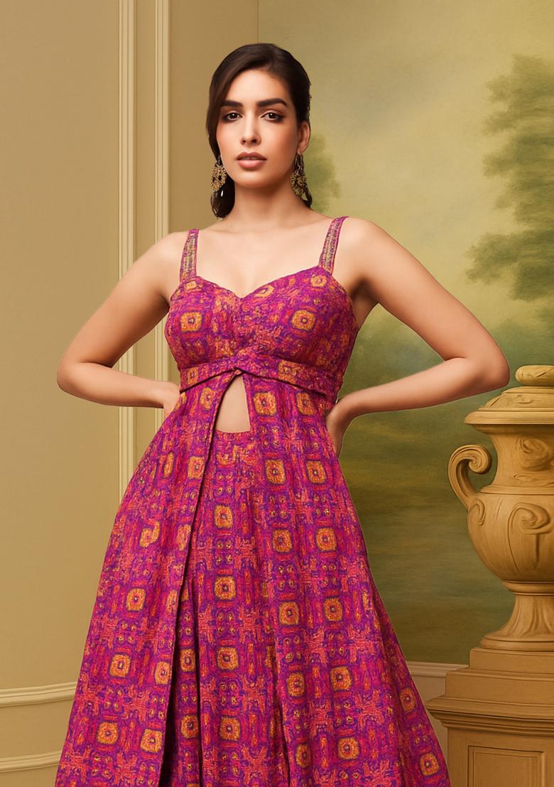 Pink Printed Satin Lehenga Set - Indya