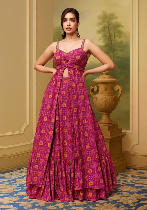 Pink Printed Satin Lehenga Set