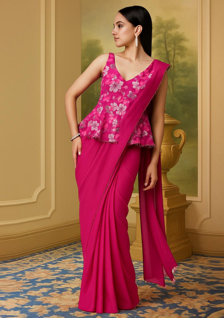 Pink Printed Satin Pre Draped Saree Set