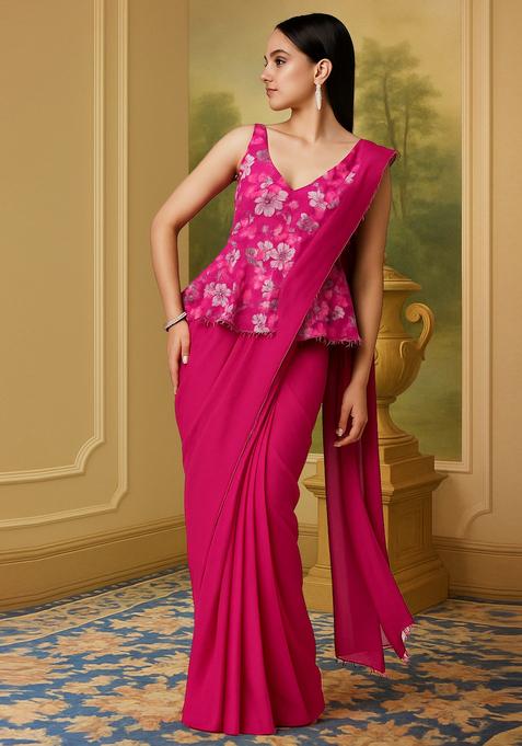 Pink Printed Satin Pre Draped Saree Set