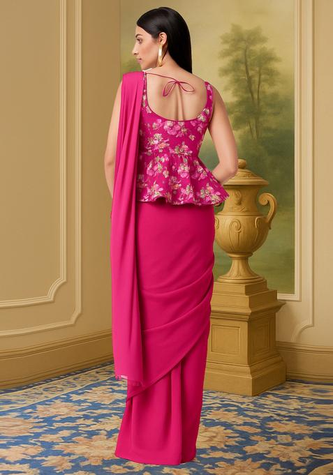 Pink Printed Satin Pre Draped Saree Set