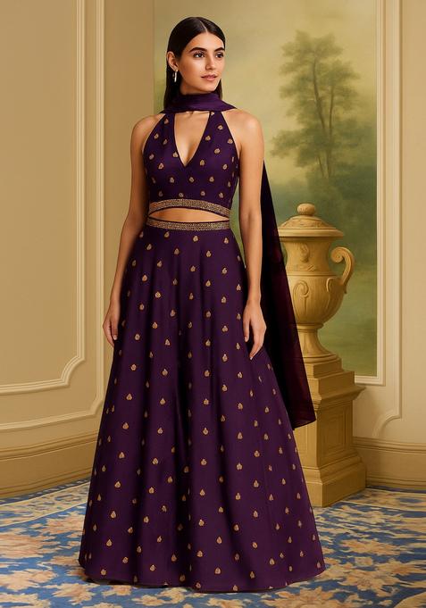 Wine Embroidered Chanderi Lehenga Set