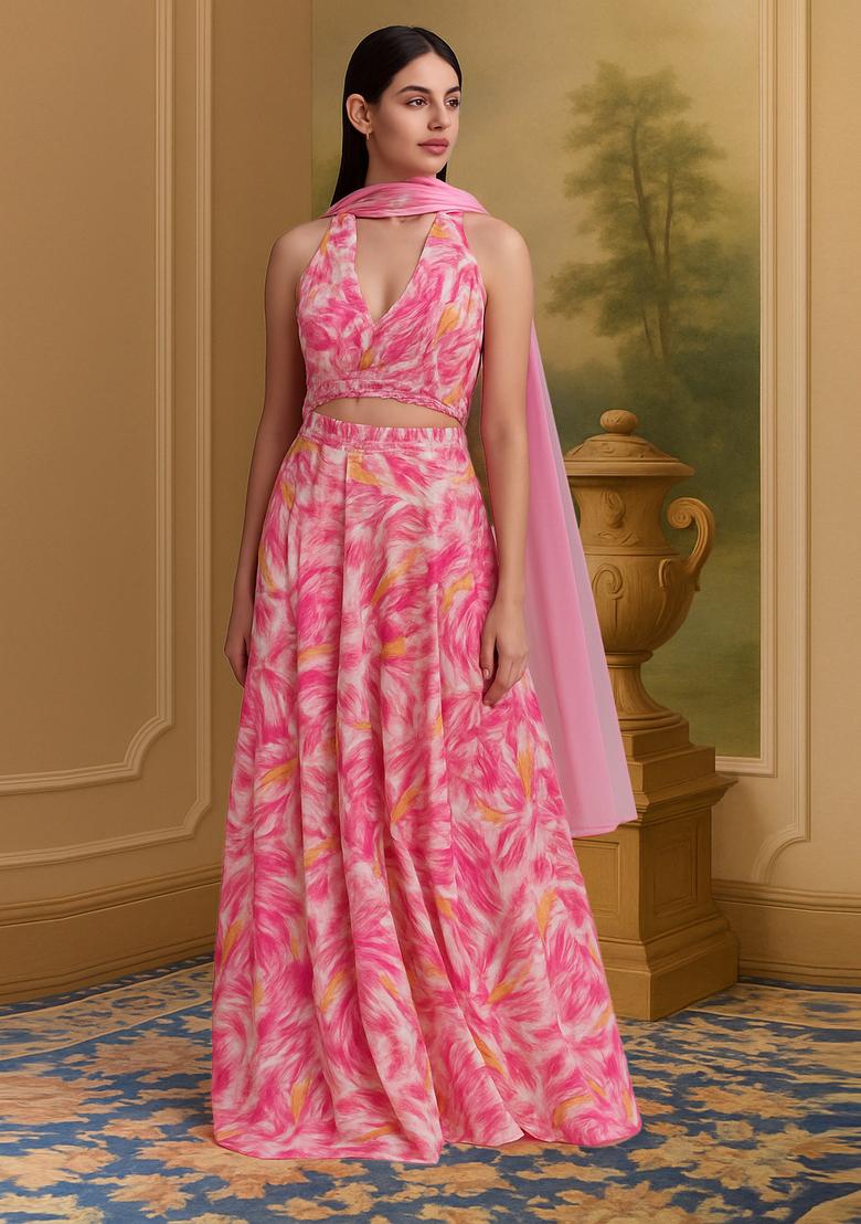 Light Pink Printed Satin Lehenga Set