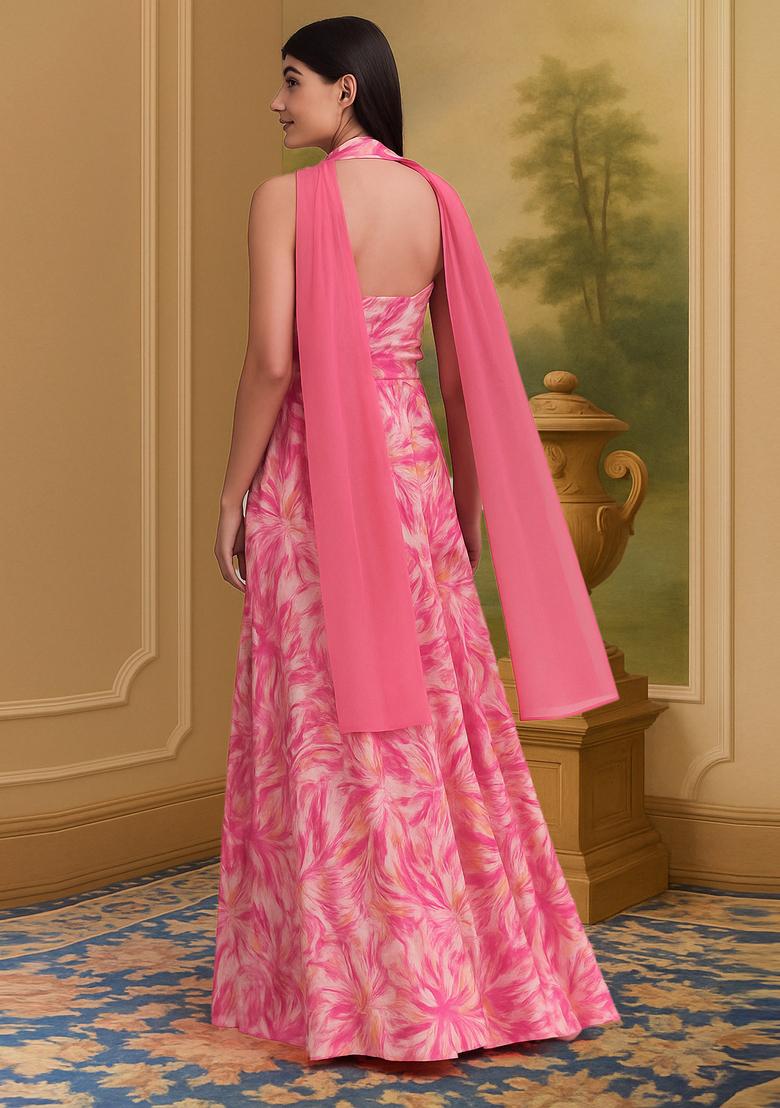 Light Pink Printed Satin Lehenga Set