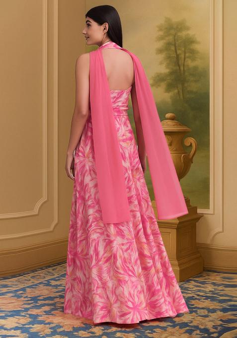 Light Pink Printed Satin Lehenga Set