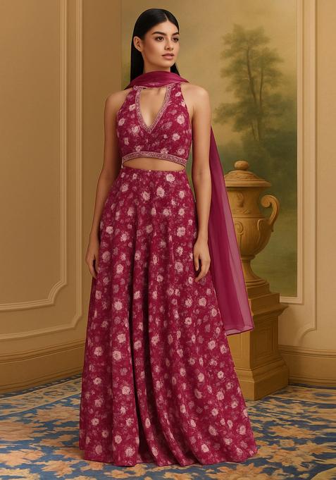 Pink Printed Crepe Lehenga Set