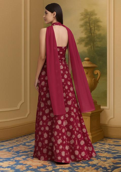 Pink Printed Crepe Lehenga Set