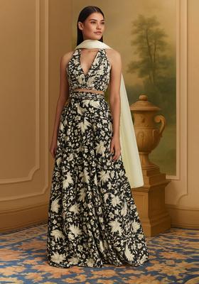 Black And White Printed Satin Lehenga Set