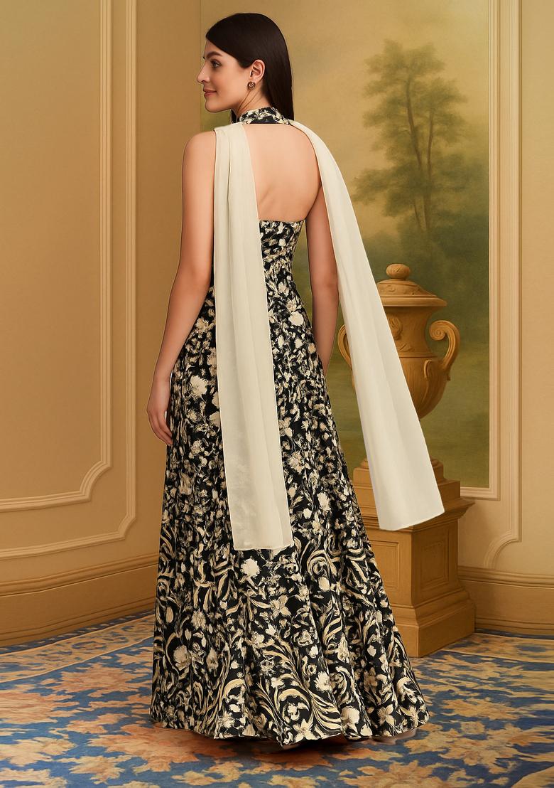 Black And White Printed Satin Lehenga Set