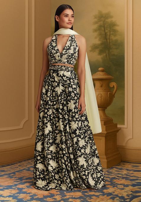 Black And White Printed Satin Lehenga Set