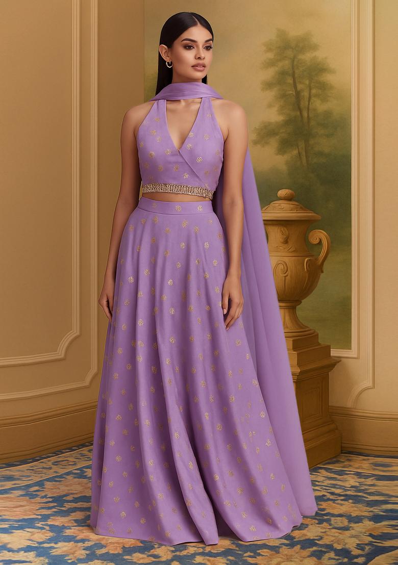Lavender Embroidered Chanderi Lehenga Set - Indya