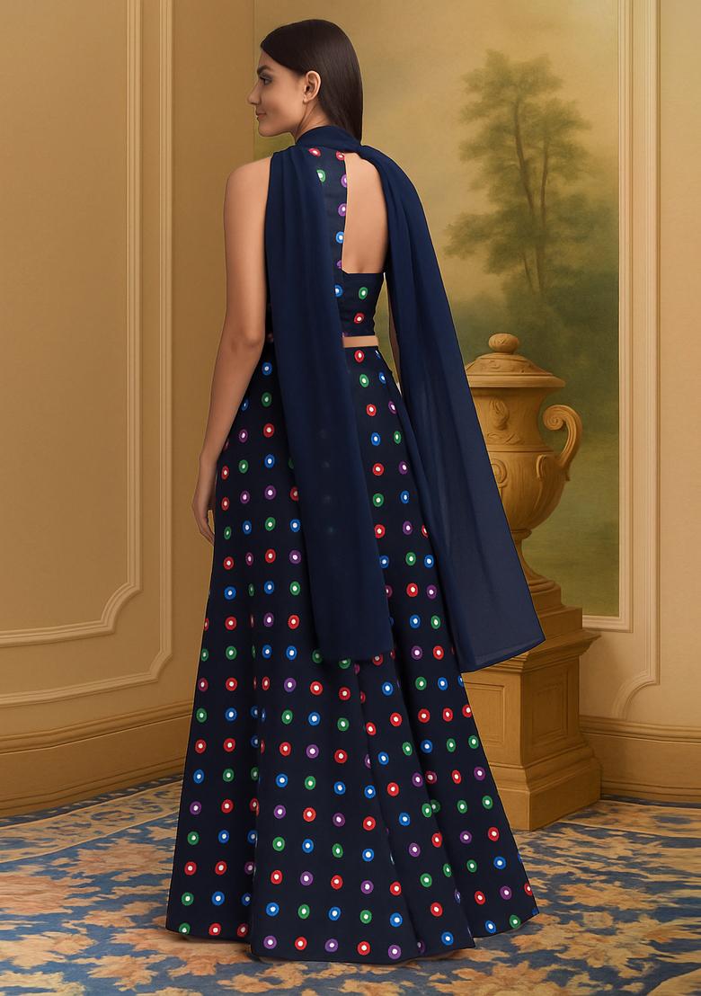 Black Printed Satin Lehenga Set - Indya