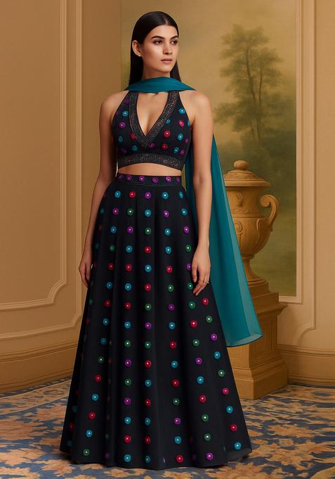 Black Printed Satin Lehenga Set