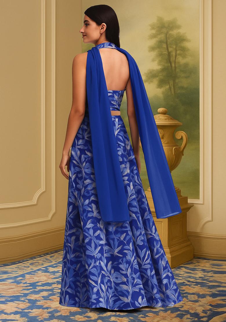 Blue Printed Satin Lehenga Set - Indya