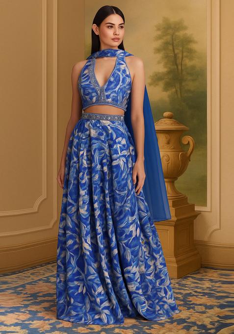 Blue Printed Satin Lehenga Set