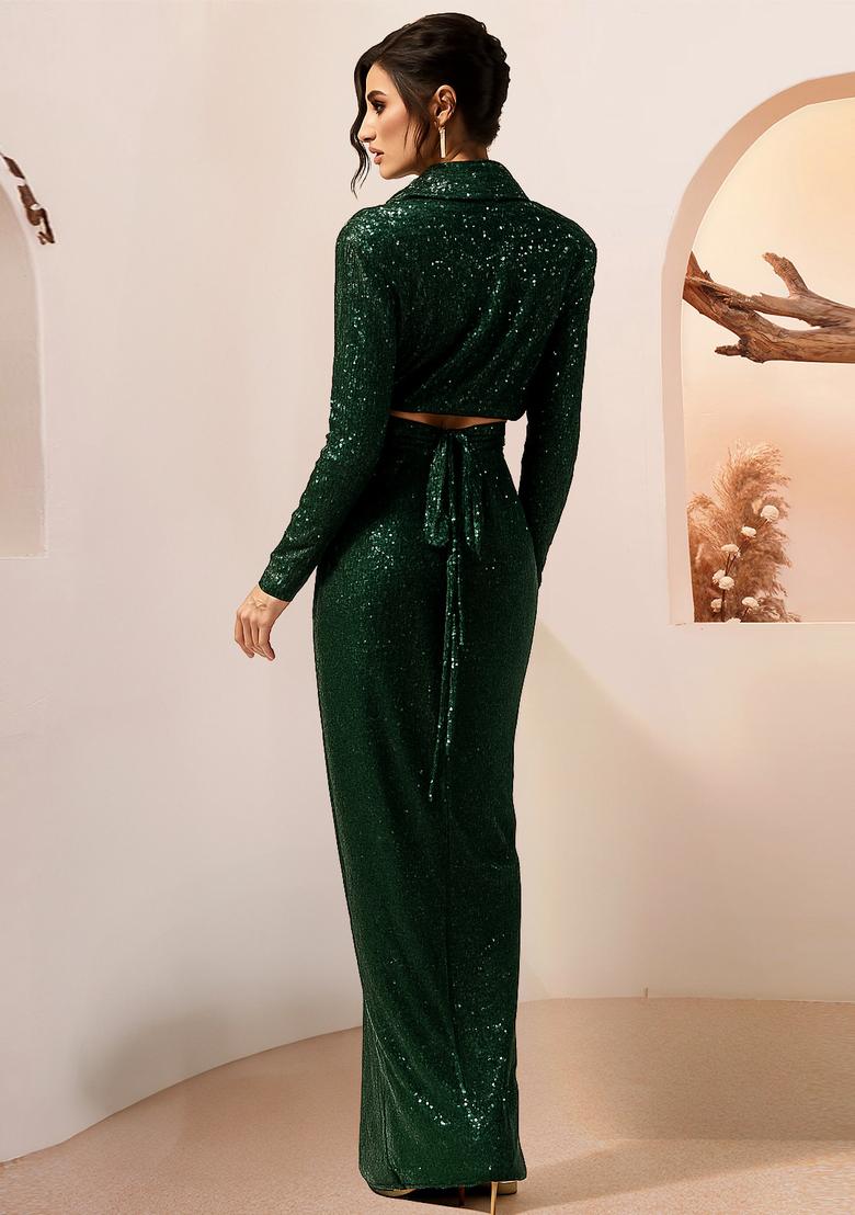 Green Sequin Net Fusion Set - Indya