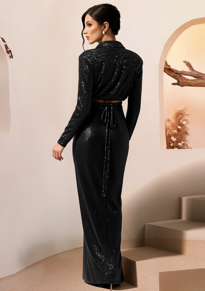Black Sequin Net Fusion Set - Indya