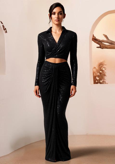 Black Sequin Net Fusion Set