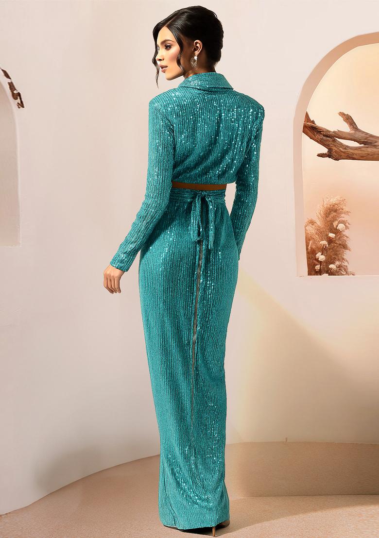 Powder Blue Sequin Net Fusion Set - Indya