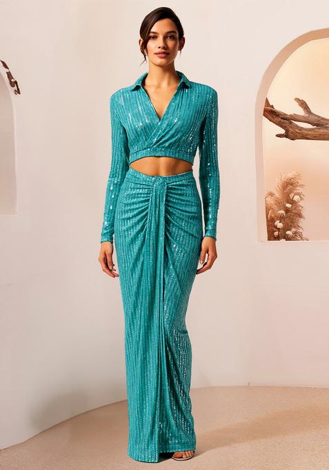 Powder Blue Sequin Net Fusion Set