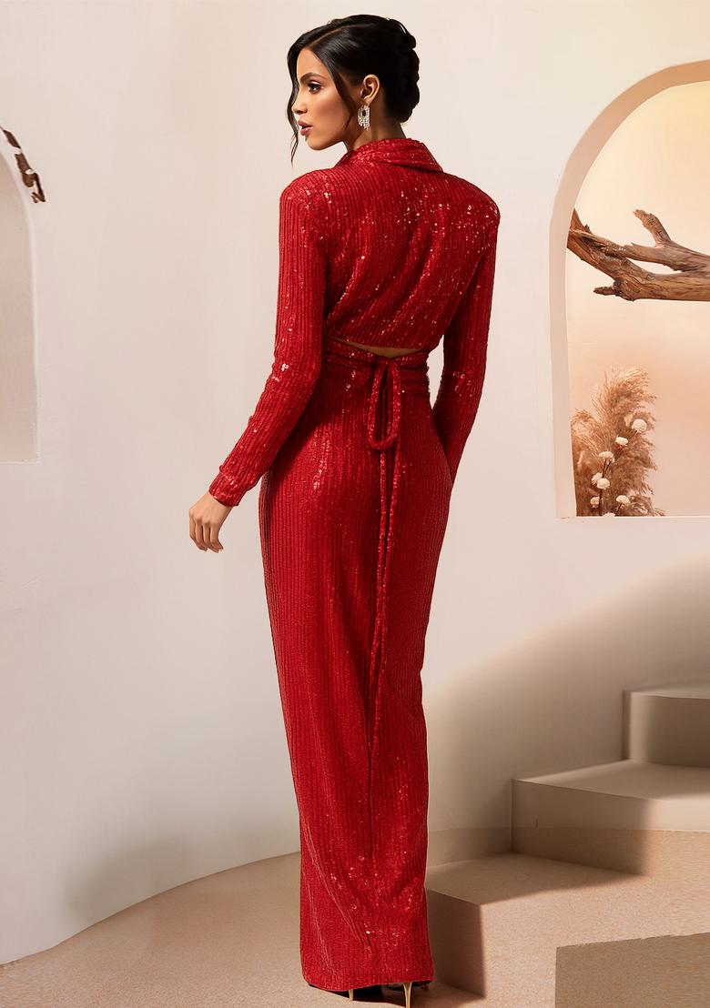Red Sequin Net Fusion Set - Indya