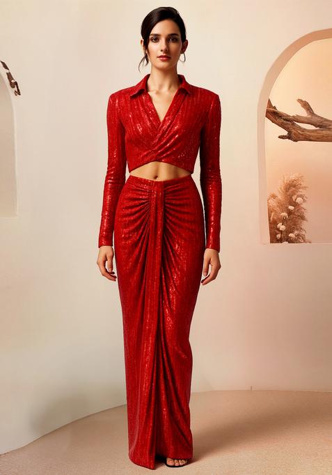 Red Sequin Net Fusion Set