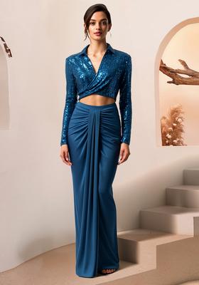 Blue Embellished Blouse  Fusion Set