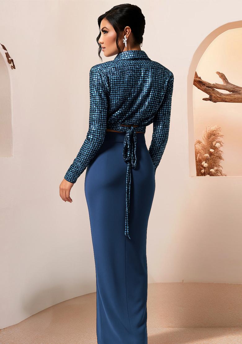 Blue Embelished Blouse Poly Blened Fusion Set - Indya