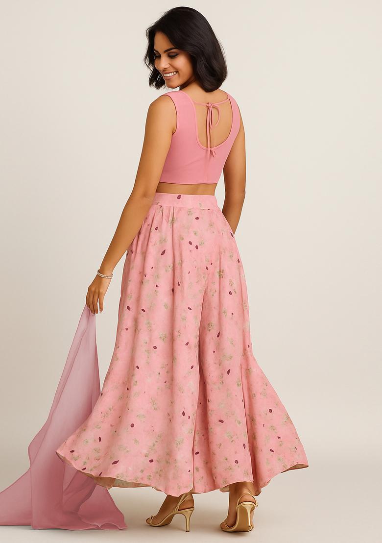 Pink Printed Satin Fusion Set - Indya