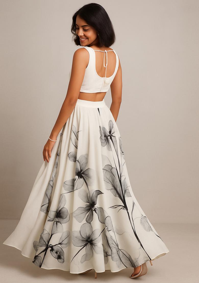 White Printed Muslin Fusion Set - Indya