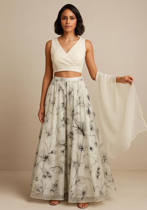 White Printed Muslin Fusion Set