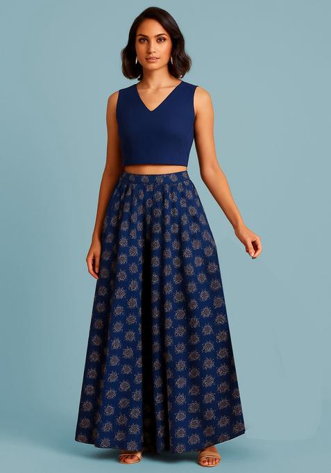Navy Blue Printed Silk Fusion Set
