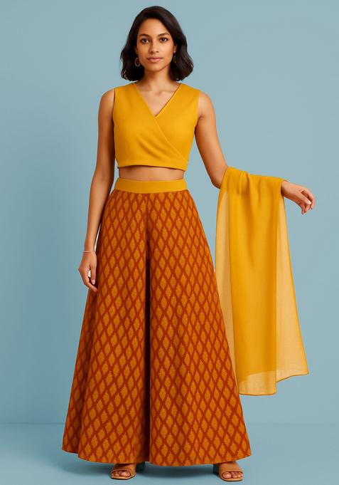 Orange Printed Silk Fusion Set