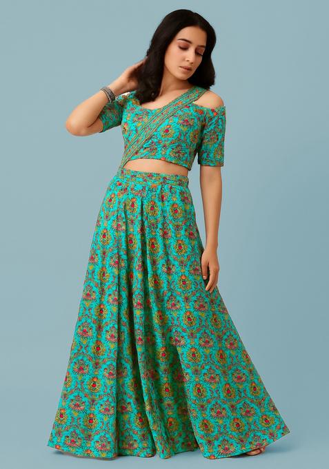 Blue Printed Silk Fusion Set