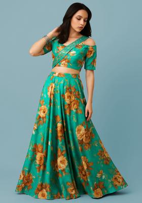 Blue Printed Silk Fusion Set