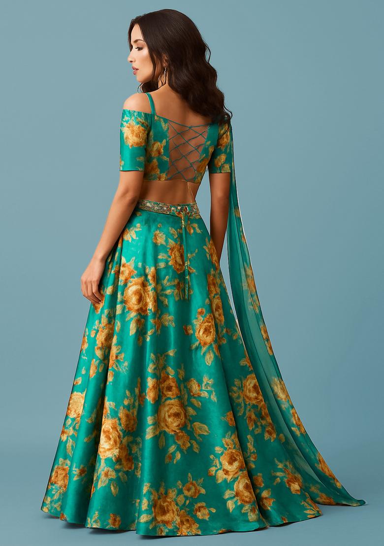 Blue Printed Silk Fusion Set - Indya