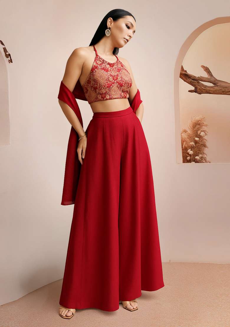 Red Georgette Fusion Set with Embroidered for Diwali | Wedding & Festive Wear - Indya