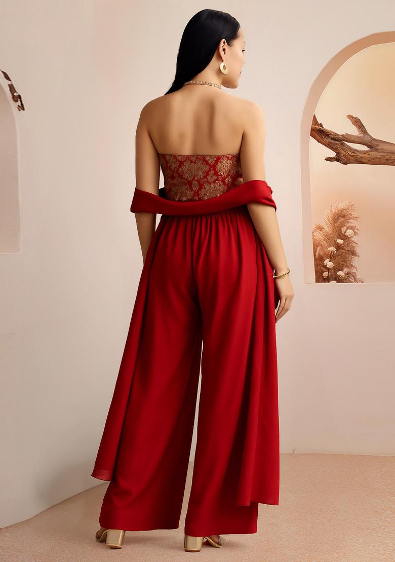 Red Embroidered Georgette Fusion Set - Indya