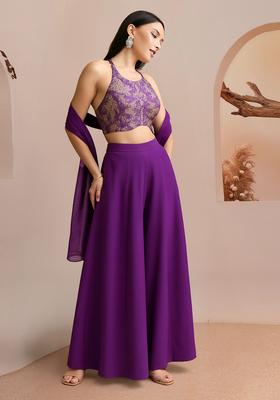 Purple Embroidered Georgette Fusion Set