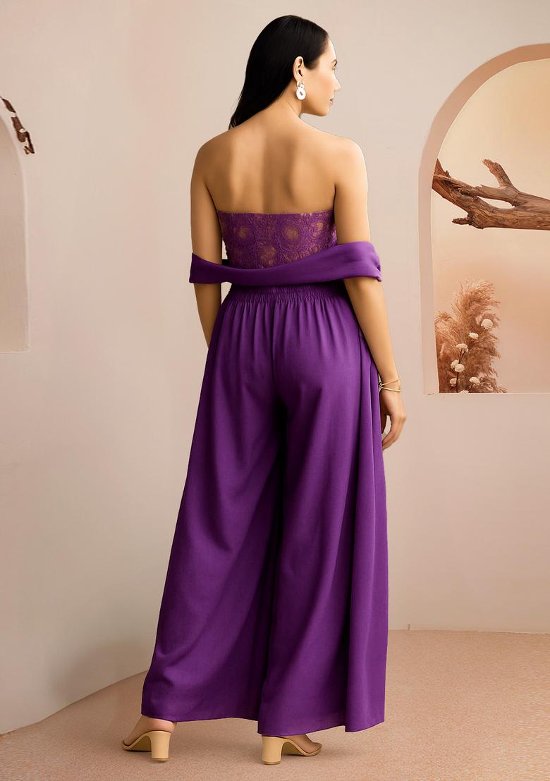 Purple Embroidered Georgette Fusion Set - Indya