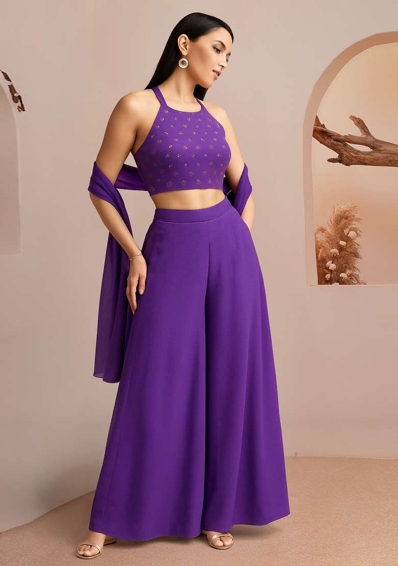 Purple Embroidered Georgette Fusion Set for Diwali and Festive Wear - Indya