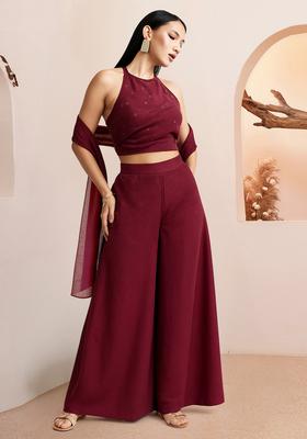 Maroon Embroidered Georgette Fusion Set