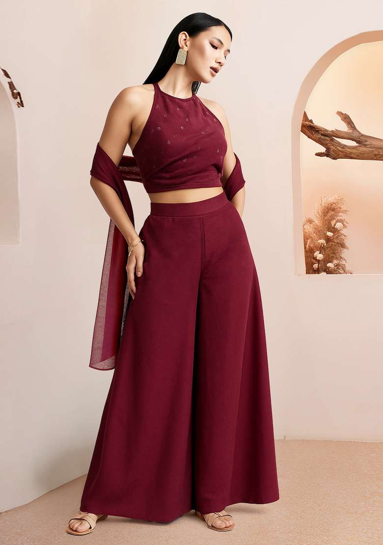 Maroon Georgette Fusion Set with Embroidered for Diwali | Wedding & Festive Wear - Indya