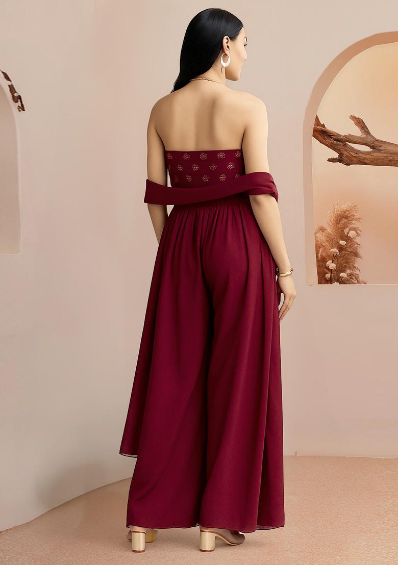 Maroon Embroidered Georgette Fusion Set - Indya