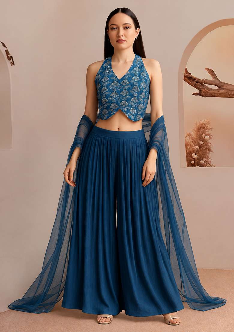 Blue Georgette Fusion Set with Printed for Diwali | Wedding & Festive Wear - Indya