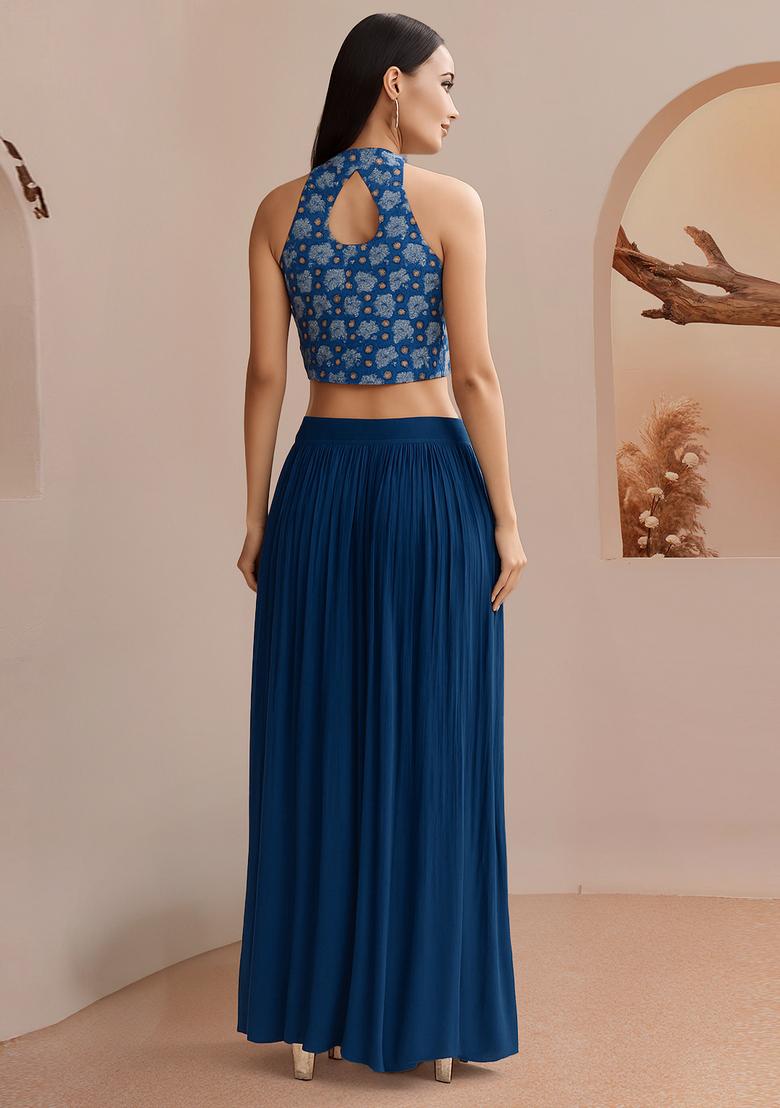 Blue Printed Georgette Fusion Set - Indya